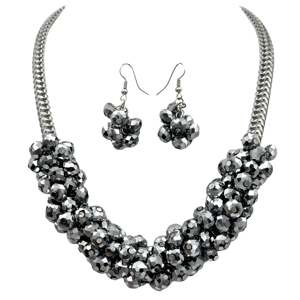 Metallic Grey Glass Bead Cluster Silver Tone Statement Necklace Earrings Set